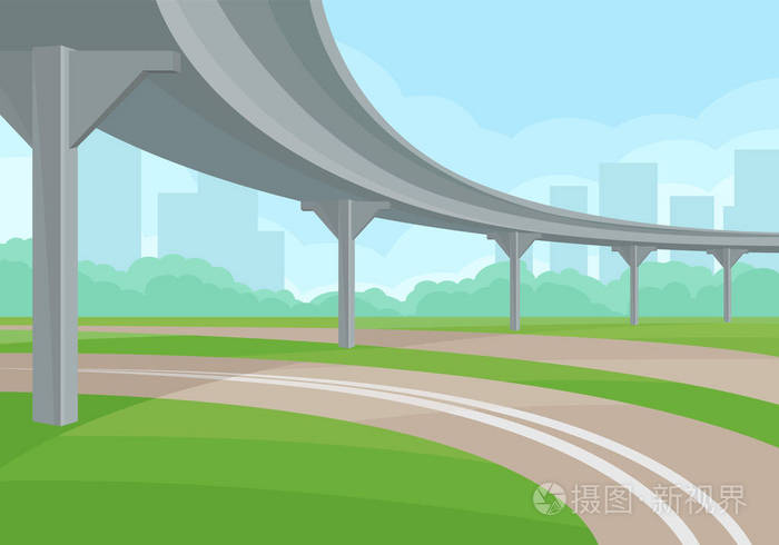 城市景观以立交桥,道路和绿草,高层建筑和灌木丛为背景.平面矢量设计