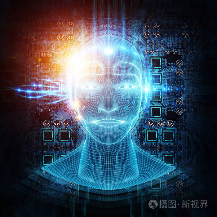 机器人半机人头人工智能学习概念3d渲染