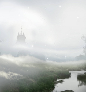 在雾中的宫殿和前景的河流