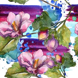 红色和紫色山茶花。 水彩插图套装。 无缝背景图案。 织物壁纸印花纹理。