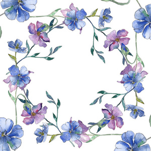 蓝色和紫色亚麻花卉植物花卉。 野生春叶野花隔离。 水彩背景插图集。 水彩画时尚服装。 框架边框装饰广场。