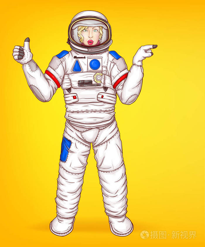 矢量流行艺术惊讶宇航员女士穿着太空服指向出售.