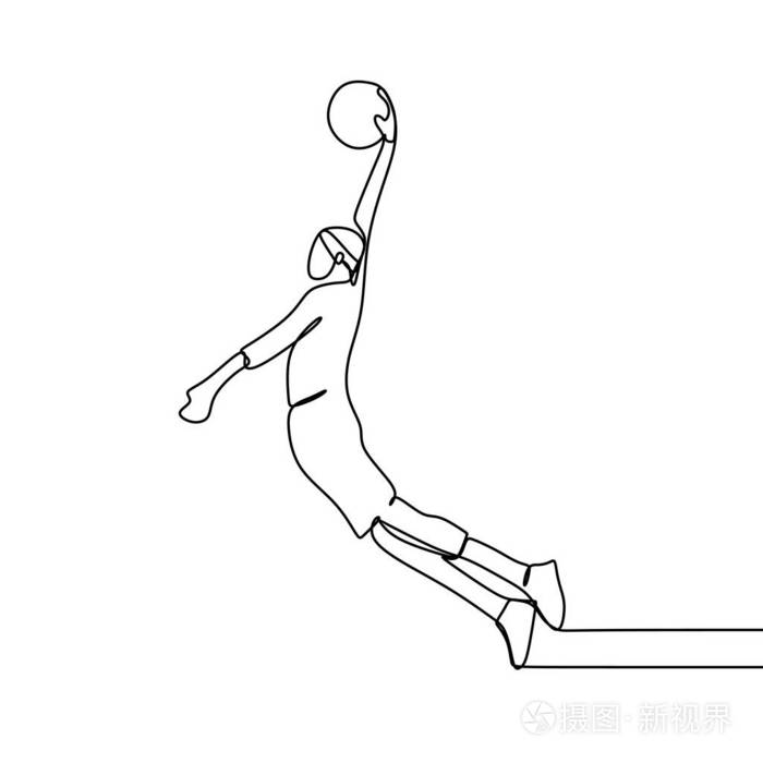 篮球运动员在比赛中扣球. 连续单线绘制矢量插图.