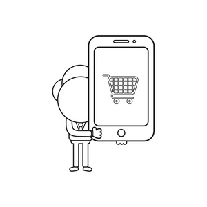 矢量插图商人字符持有智能手机与购物车图标。 黑色轮廓。
