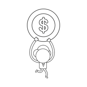 矢量插图商人角色运行和携带美元硬币。 黑色轮廓。