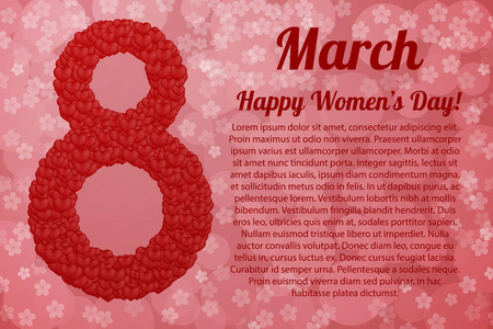 s day banner. March 8th bright vector illustration with hearts. 