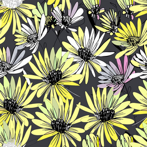 花紫锥菊写意画，黄色，灰色，黑色，白色，粉红色和米色，无缝图案在深灰色背景上。