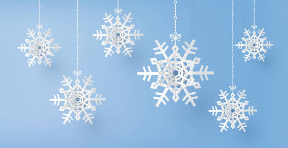 圣诞快乐和冬季与剪纸雪花圣诞快乐设计。