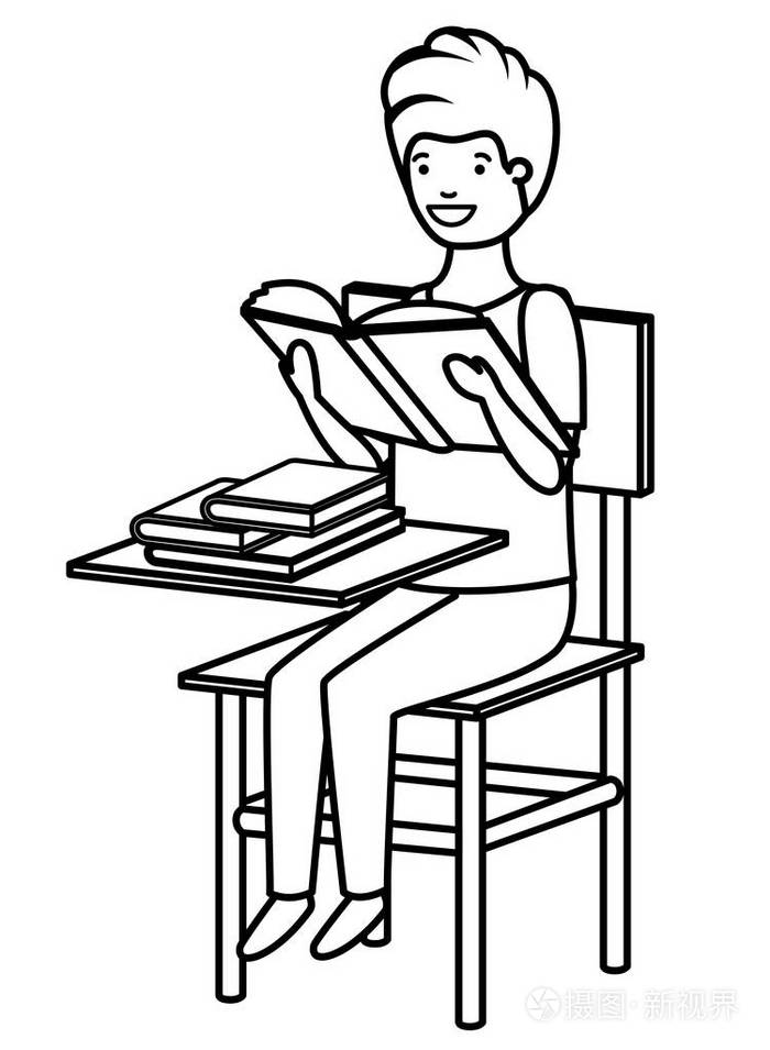 年轻的学生男孩在学校椅子上读书插画-正版商用图片17guc8-摄图新视界