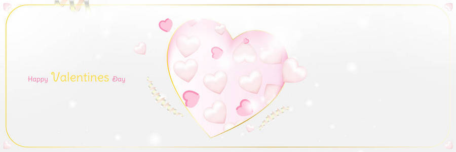 快乐情人节贺卡模板。 庆祝概念与粉红色的心和光的影响背景与丝带