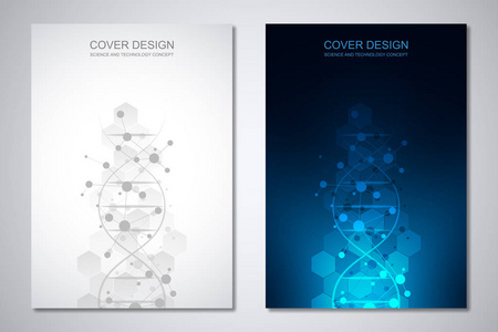 封面或小册子的矢量模板, 带有分子背景和 dna 链。医学或科学和技术概念