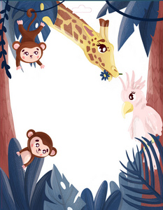 热带丛林，猴子，长颈鹿，鹦鹉棕榈叶框架插图