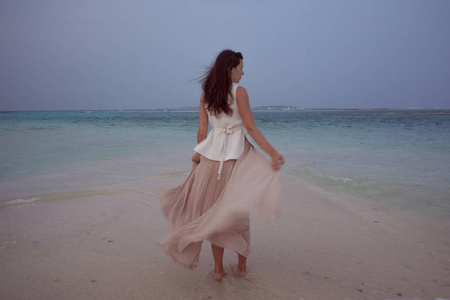 年轻女子对海地平线的背面。褐发女郎在白色裙子在风飞行