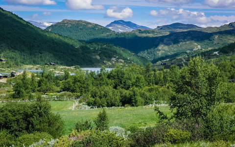 去挪威旅行。 山川湖泊峡湾和山谷。 这个村庄在山区