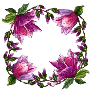 花圆花环，有玉兰花。 花环框架花。 水彩手绘插图花环与玉兰花。 盛开的枝玉兰的春天花环。
