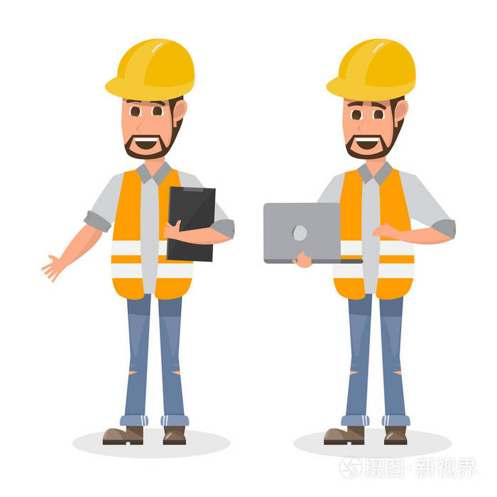 建筑师,工头,不同性格的工程建筑工人.矢量插图卡通人物设计