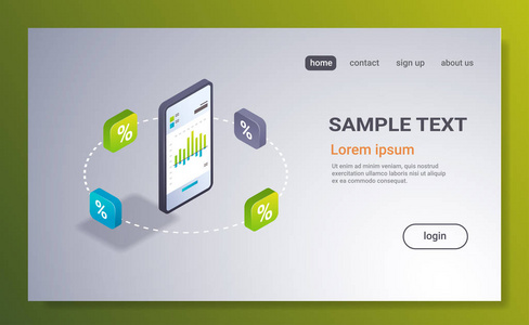 金融增长图移动应用统计数据业务分析报告概念交易应用界面3d 等距智能手机屏幕水平平面复制空间