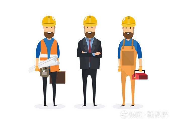 酷矢量平面设计施工队伍人物排队.戴着安全帽的建筑工人,微笑友好