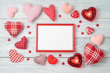 s day background with heart shapes, photo frame and  candles. To