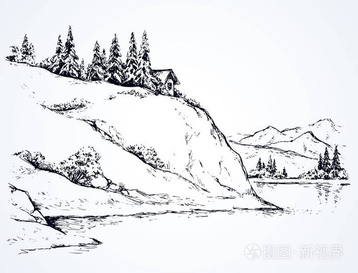 阿尔卑斯山海滨露营小屋,在白色的天空上为文字.