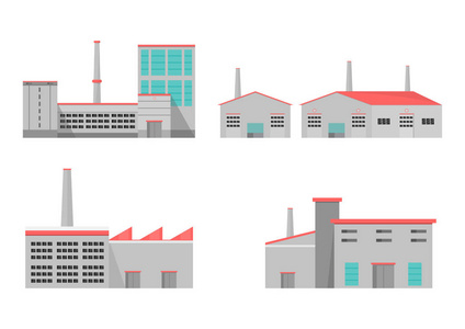 工业工厂的平面风格。矢量和制造建筑的插图。 生态风格的概念。 城市景观