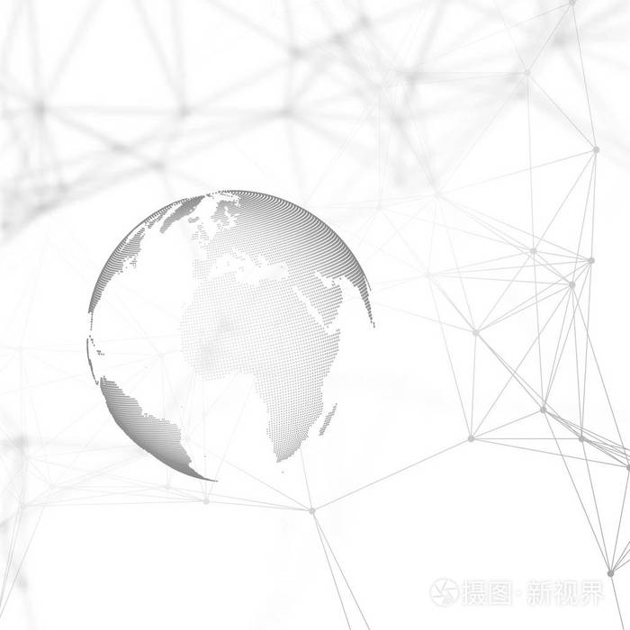 高科技背景下,连接线条和点,多边形的线性纹理.世界地球仪上白色.