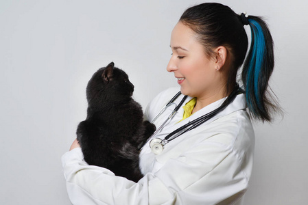 可爱有趣的小猫在白色背景上的女兽医手中。
