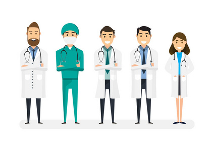 一组医生字符隔离在白色背景上。 矢量插图设计中的医疗队概念。
