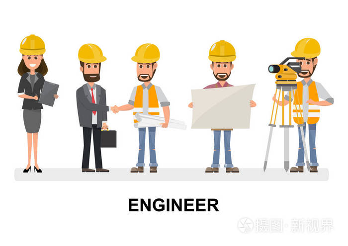 土木工程师建筑师和建筑工人人物小组酷矢量设计施工团队人物排队戴着