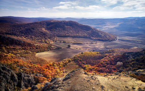 鼓舞人心的空中景观，秋天的森林和田野无人机的观点。 来自罗马尼亚多布罗加的令人鼓舞的秋天景观全景