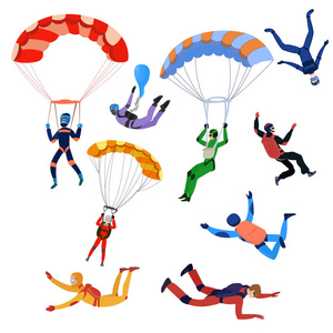 一组从事危险运动的跳伞者用降落伞在天空跳伞。极限运动