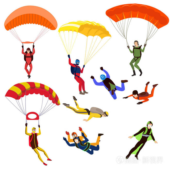 插画 一组从事危险运动的跳伞者用降落伞在天空跳伞.极限运动.eps