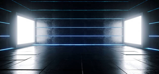 科幻现代充满活力的空高对比混凝土现实室与大工作室灯光展厅舞台和霓虹灯发光LED激光蓝光垂直线3渲染插图。