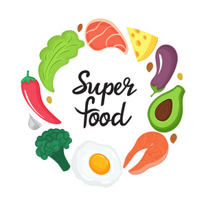 超级食物手绘字体。 圆形框架的天然蔬菜，坚果和其他健康食品。 基托营养。 生酮饮食