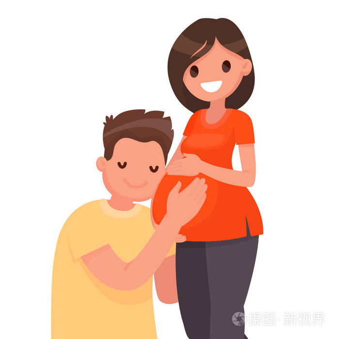幸福的已婚夫妇在等孩子. 男人拥抱孕妇的腹部. 丈夫和妻子. 怀孕.