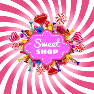 糖果店框架模板背景与设置不同颜色的糖果, 糖果, 糖果, 巧克力糖果, 果冻豆, 水果棒棒糖洒, 螺旋五颜六色的糖果。螺旋条纹