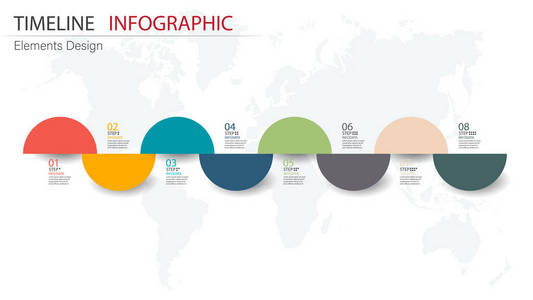 矢量抽象元素时间线信息图形8步。 设计业务财务模板版面小册子工作流信息展示等。 信息图表时间表。 抽象三维向量。