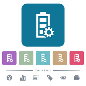 电源管理白色平面图标的颜色圆形方形背景。 包括6个奖金图标