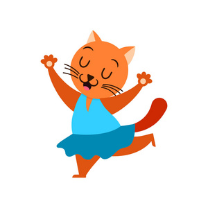 跳舞的猫可爱的小猫穿着蓝色连衣裙跳舞.照片