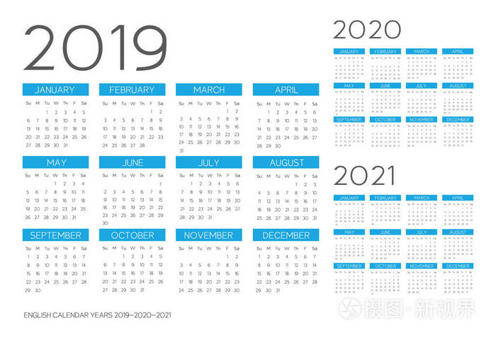 英文日历2019年2020年2021年矢量文本大纲字体