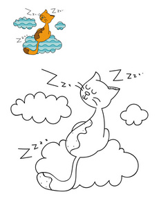 卡通可爱猫在云上的着色页轮廓。 手绘矢量插图。 给孩子们的着色书。 孤立的。