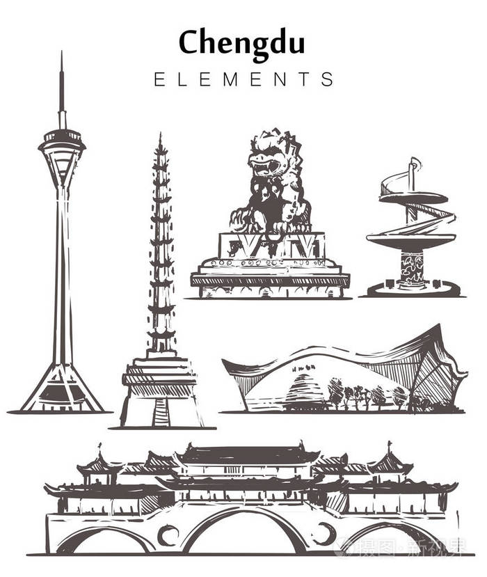 成都建筑和寺庙元素草图矢量插图.安顺桥孤立在白色背景上.
