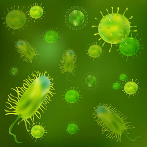 显微镜下的一组病毒和细菌。未启动的细胞传染因子。感染与细胞病病原菌的概念