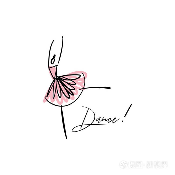 矢量线轮廓优雅芭蕾舞与粉红色水彩元素. 舞者图标.