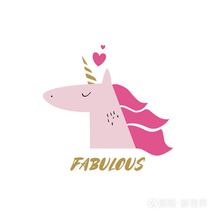 可爱的独角兽头,神话般的童话马,小马,女性魔法. 贴纸