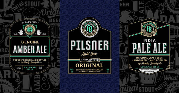 矢量老式啤酒标签和包装设计模板。 淡啤和琥珀啤酒标签。 酿造公司品牌和身份设计元素。