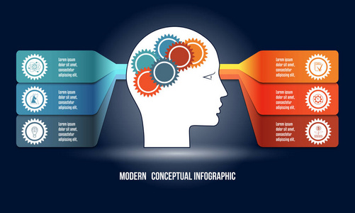 与齿轮在男子头部和彩色条。 模板与6个选项用于智能概念和其他概念变体。