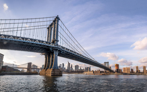 曼哈顿大桥，布鲁克林大桥和曼哈顿天际线为