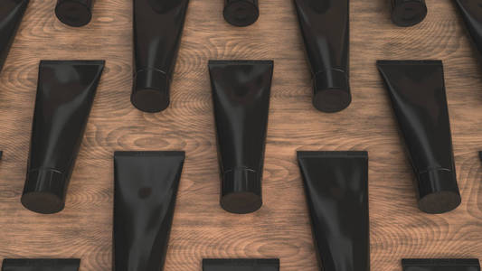 木制背景上牙膏奶油或凝胶的空白黑色管图案。品牌模型。3D绘图说明