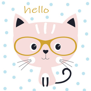 可爱的猫在蓝圈背景可爱的卡通小猫在眼镜卡设计打印字母你好